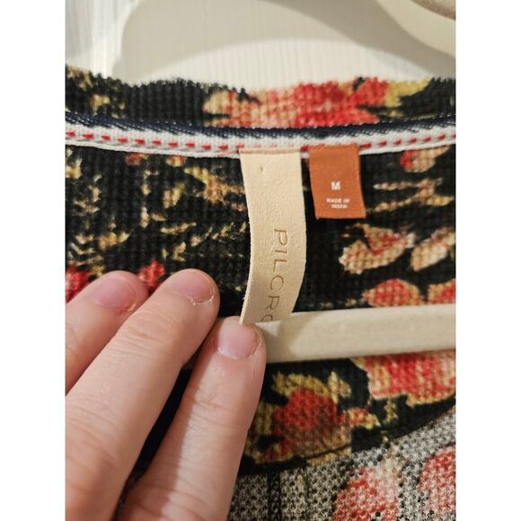Anthropologie Pilcro Split-Neck Top Black Floral Motif Waffle Knit Womens Medium - Picture 4 of 8